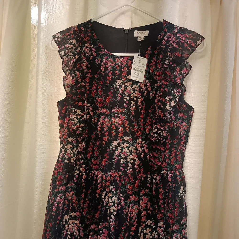 NWT J. Crew Black Floral Tiered Ruffle Sleeveless Maxi CottageCore Dress Size 00